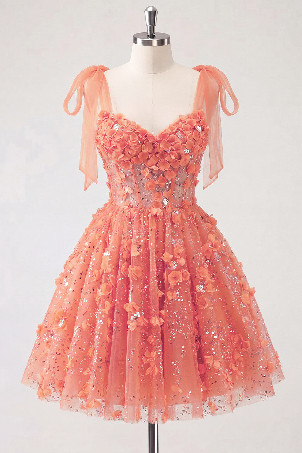 A-Line Floral Sheer Corset Sequins Cocktail Dress with Lace Up Back