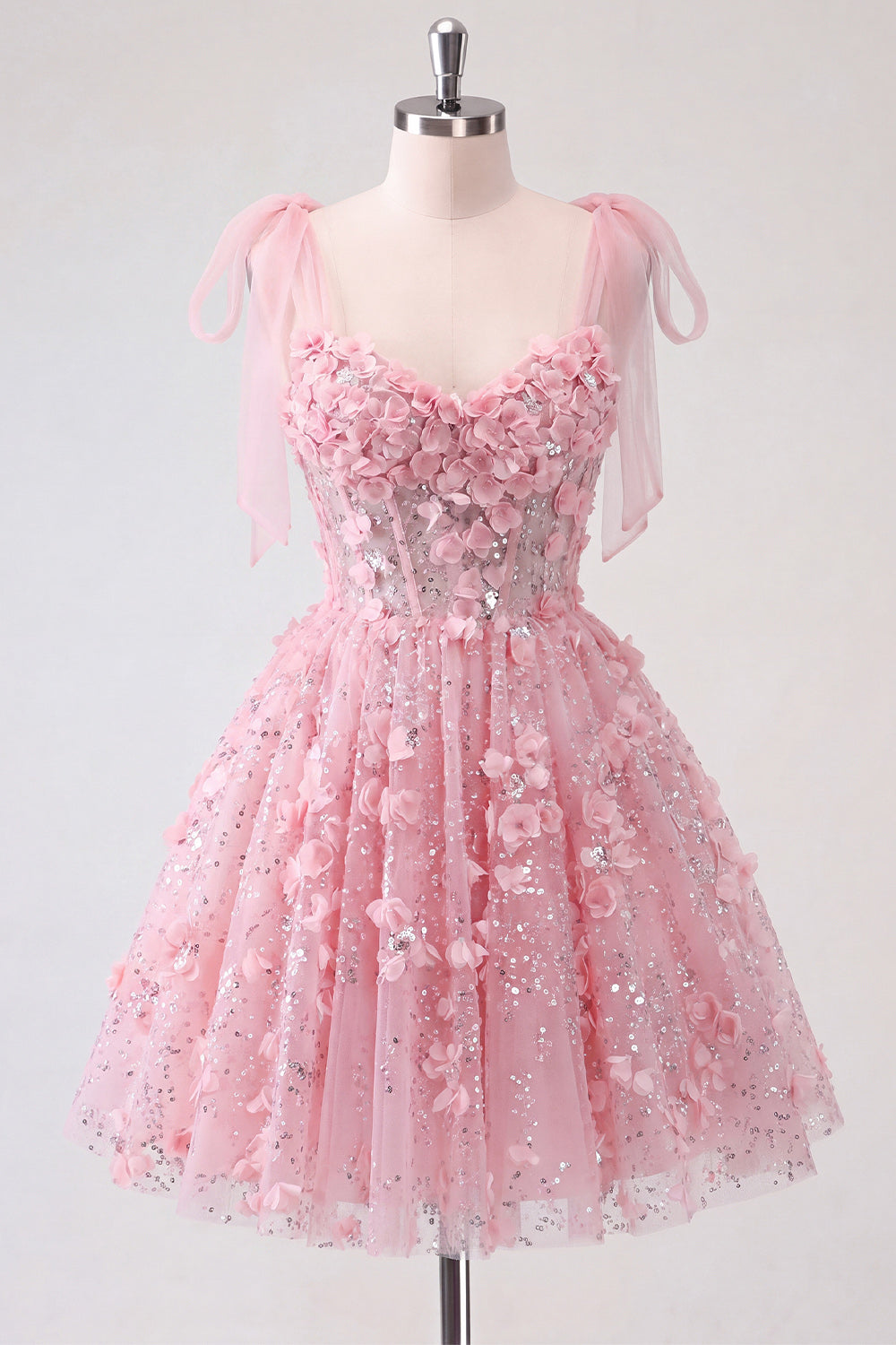 A-Line Floral Sheer Corset Sequins Cocktail Dress with Lace Up Back