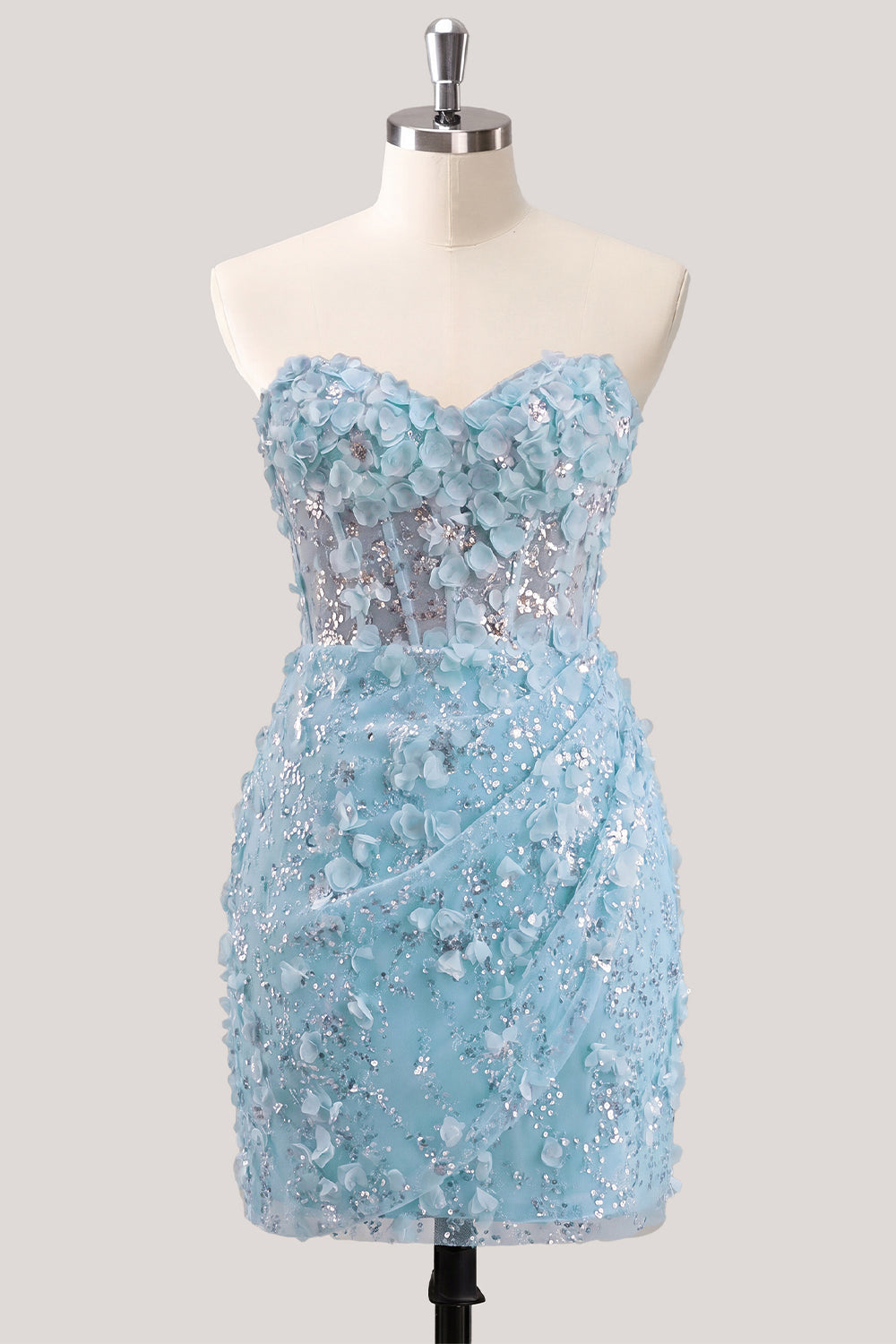 Robe de soirée moulante bustier transparente florale avec corset à sequins et laçage au dos