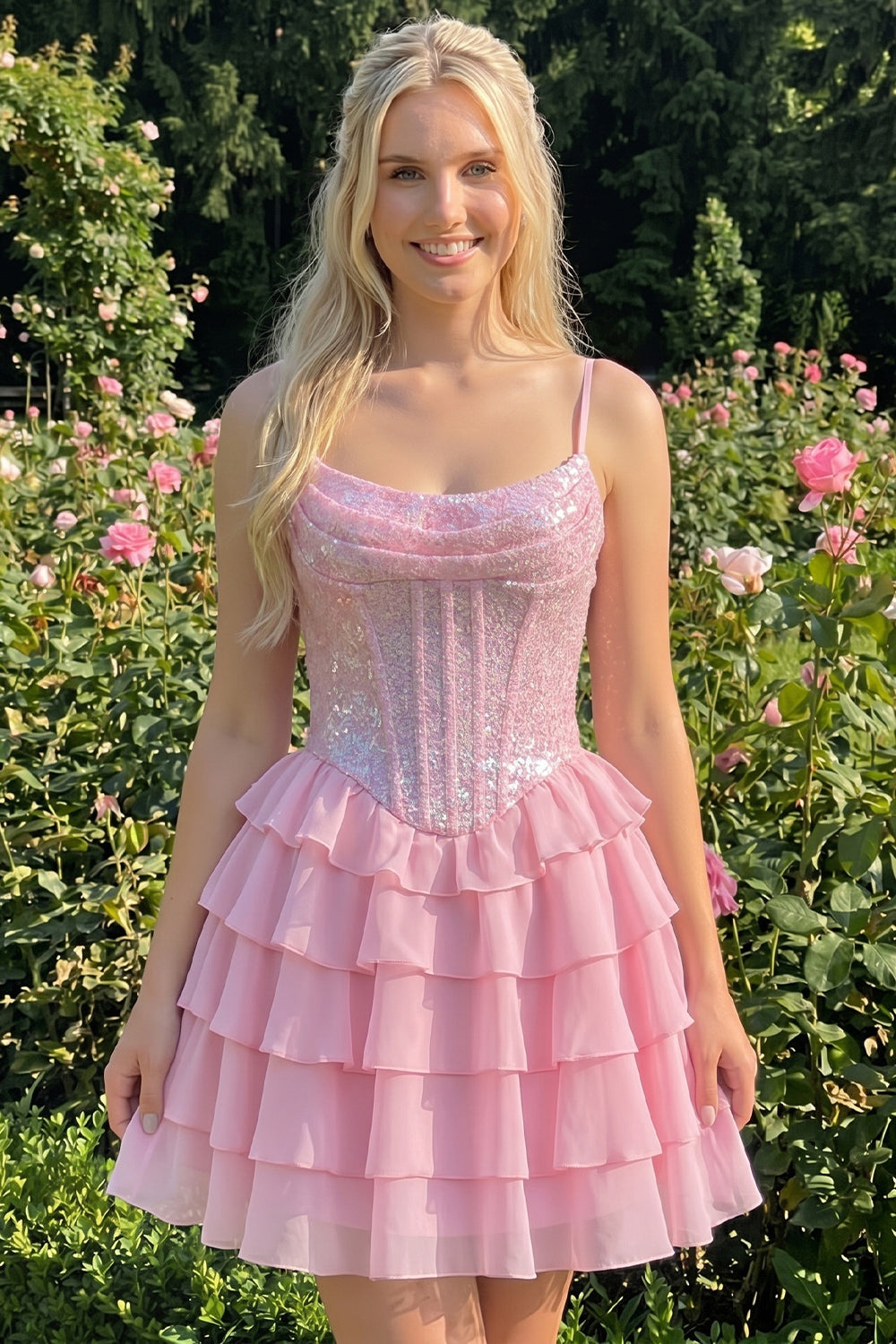 Robe de bal bustier rose trapèze à volants, sequins et dos lacé