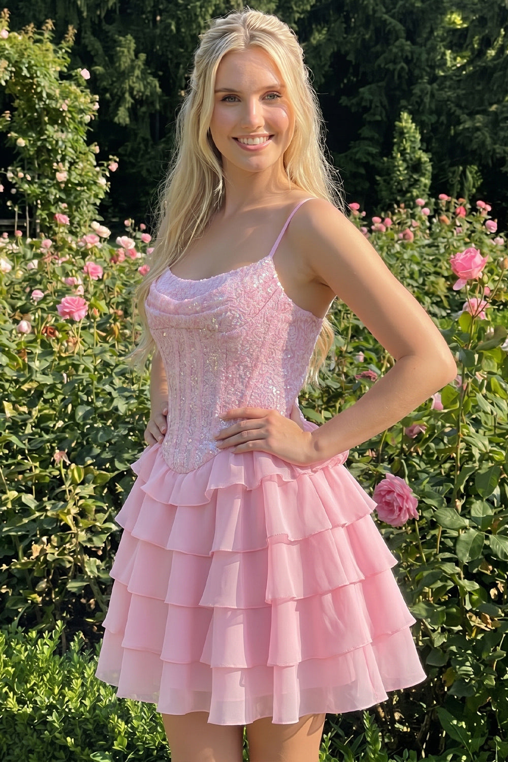 Robe de bal bustier rose trapèze à volants, sequins et dos lacé