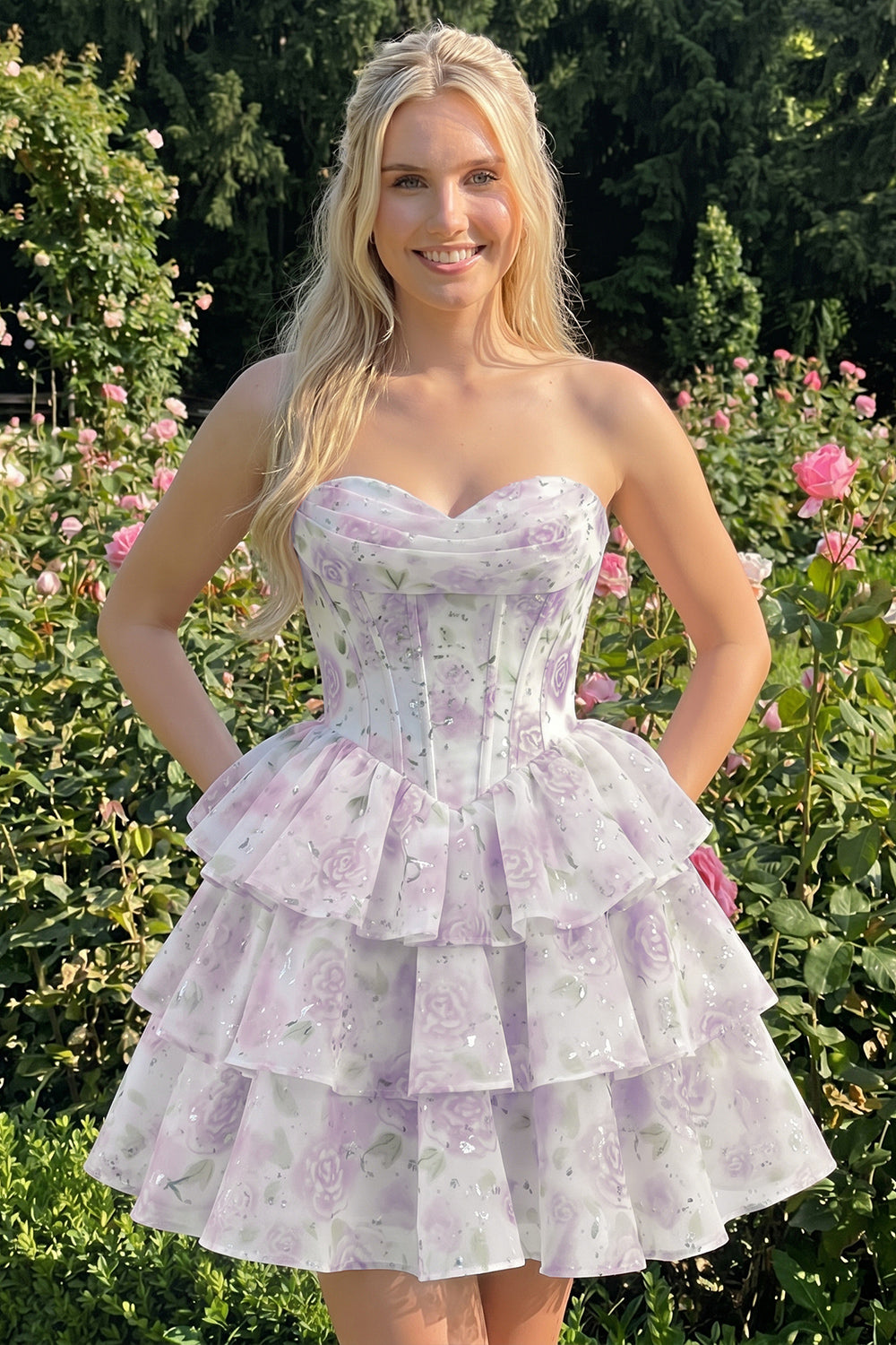 Sweetheart Tiered A-Line Pink Floral Corset Short Homecoming Dress