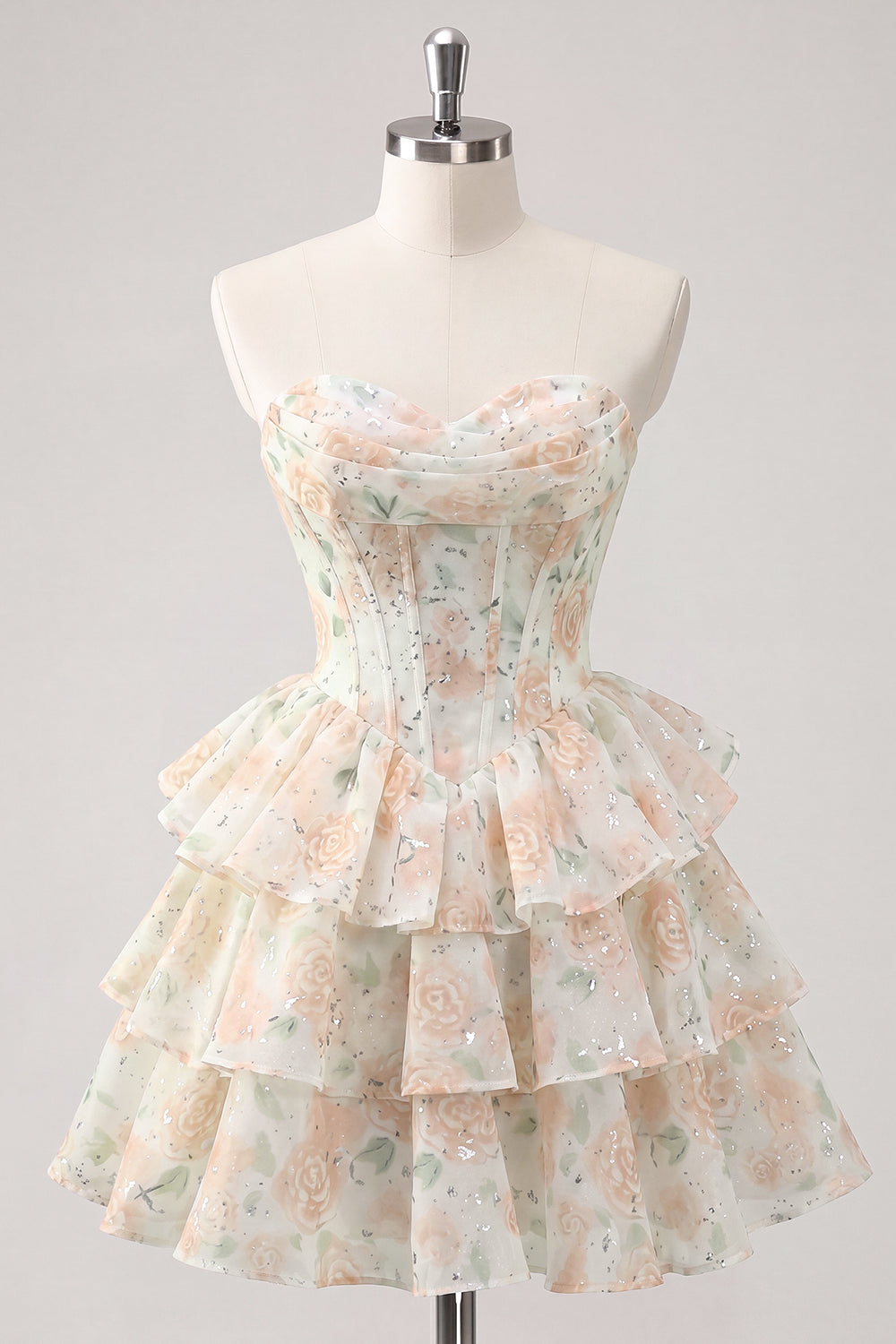 Sweetheart Tiered A-Line Pink Floral Corset Short Homecoming Dress