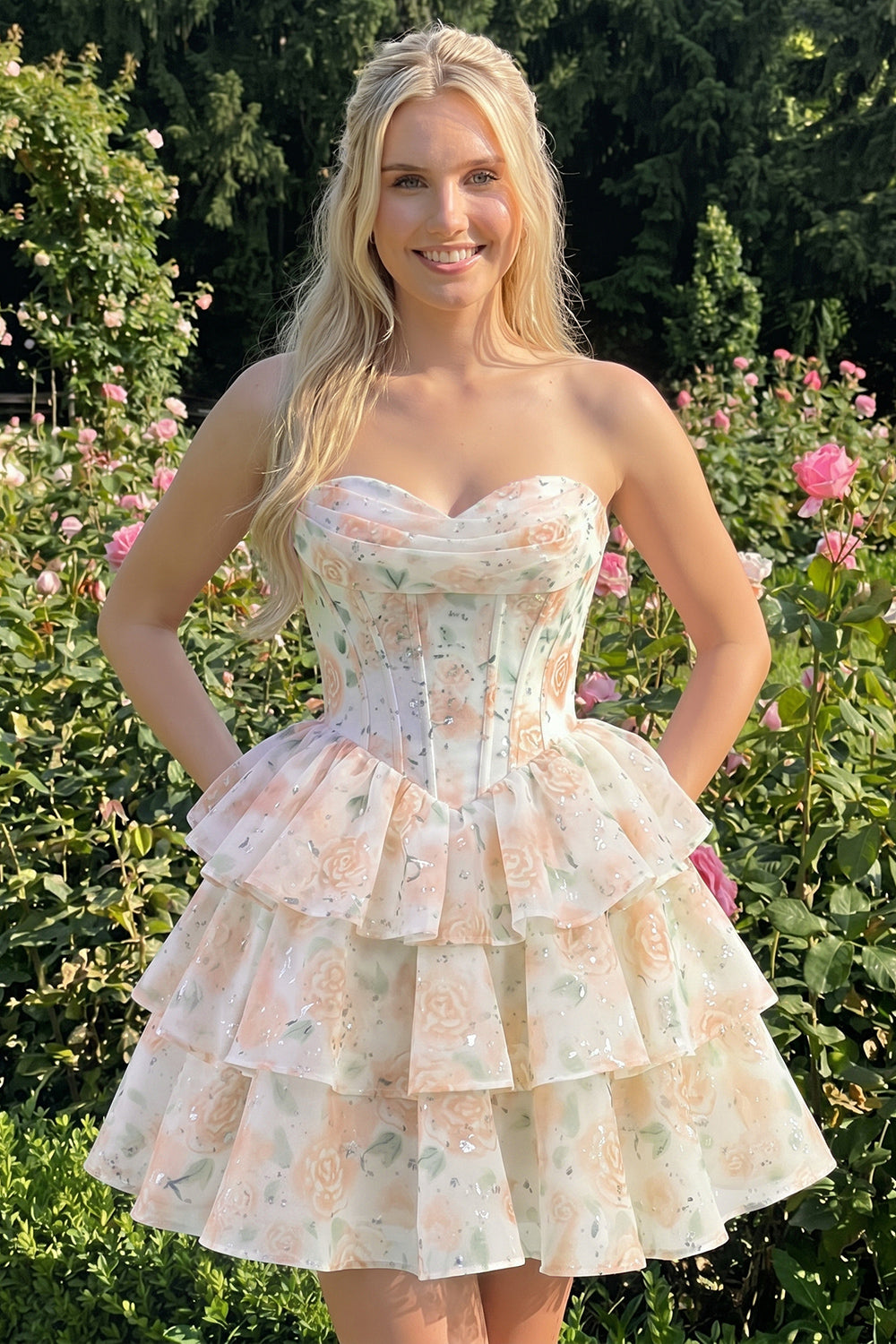 Sweetheart Tiered A-Line Pink Floral Corset Short Homecoming Dress