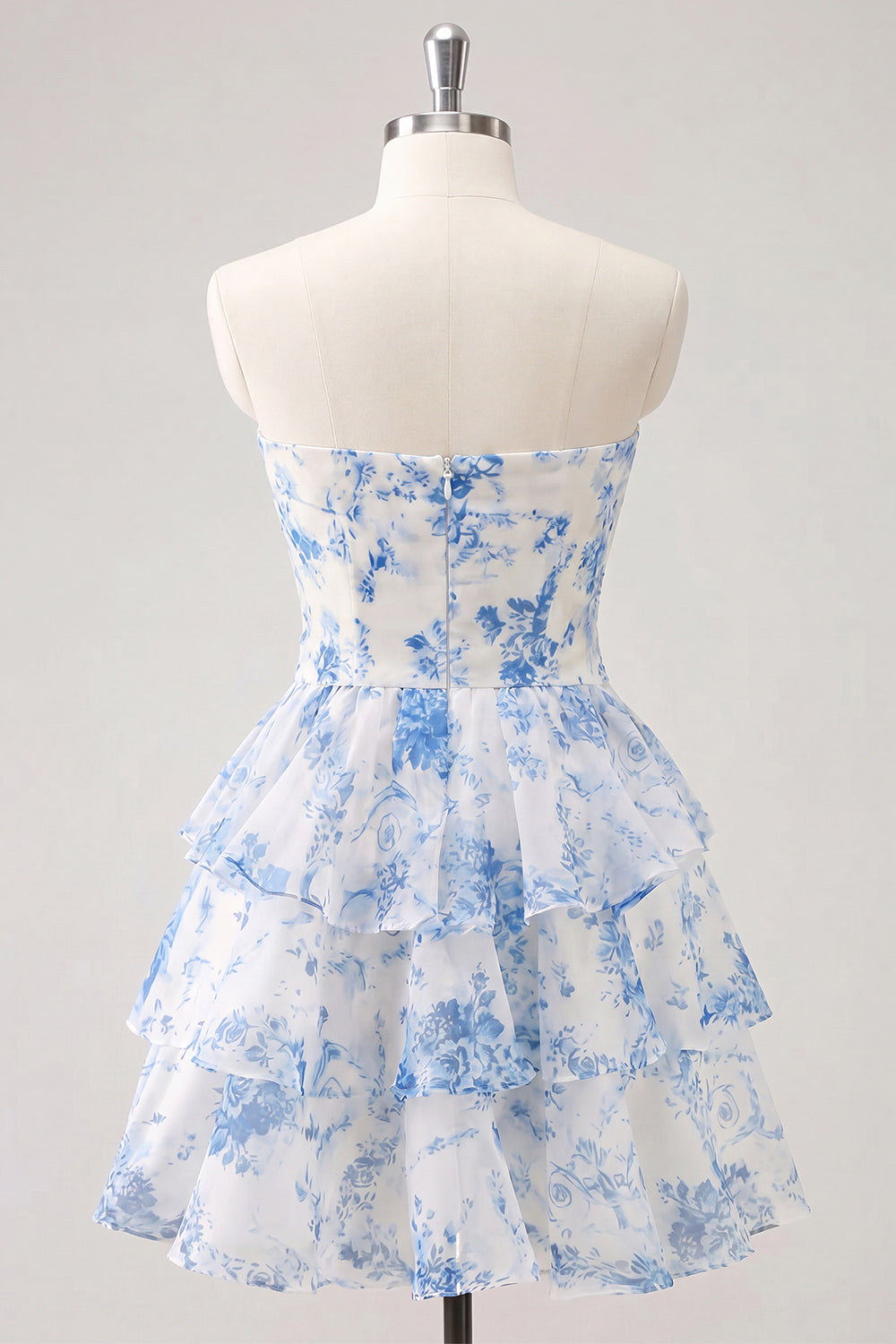 Light Blue Sweetheart Key Hole Tiered Floral Chiffon Homecoming Dress