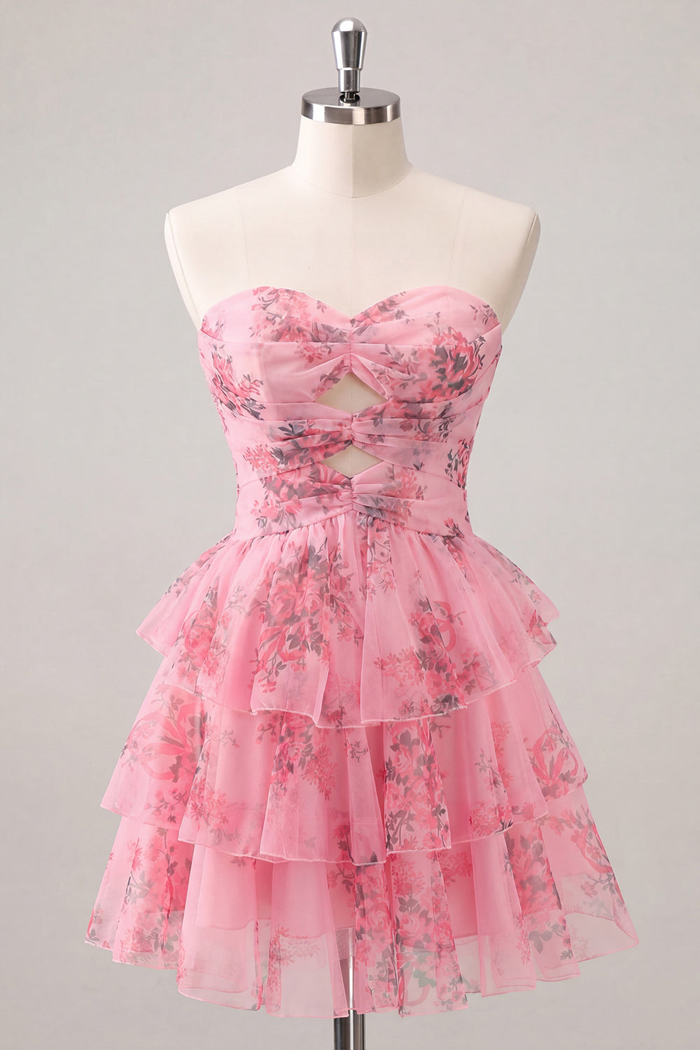 Light Blue Sweetheart Key Hole Tiered Floral Chiffon Homecoming Dress