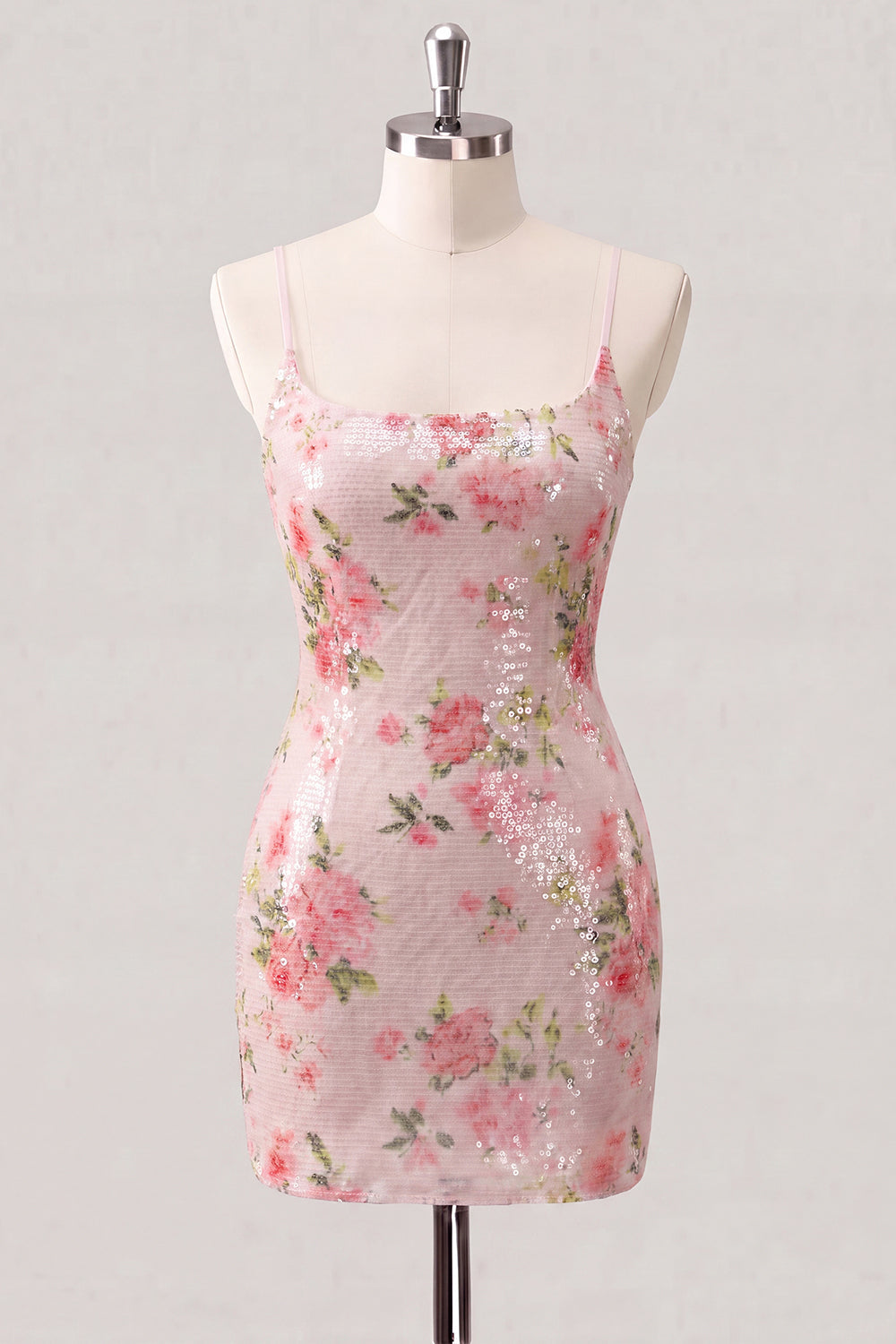 Sparkly White Bodycon Spaghetti Straps Floral Sequins Homecoming Dress with Lace Up Back