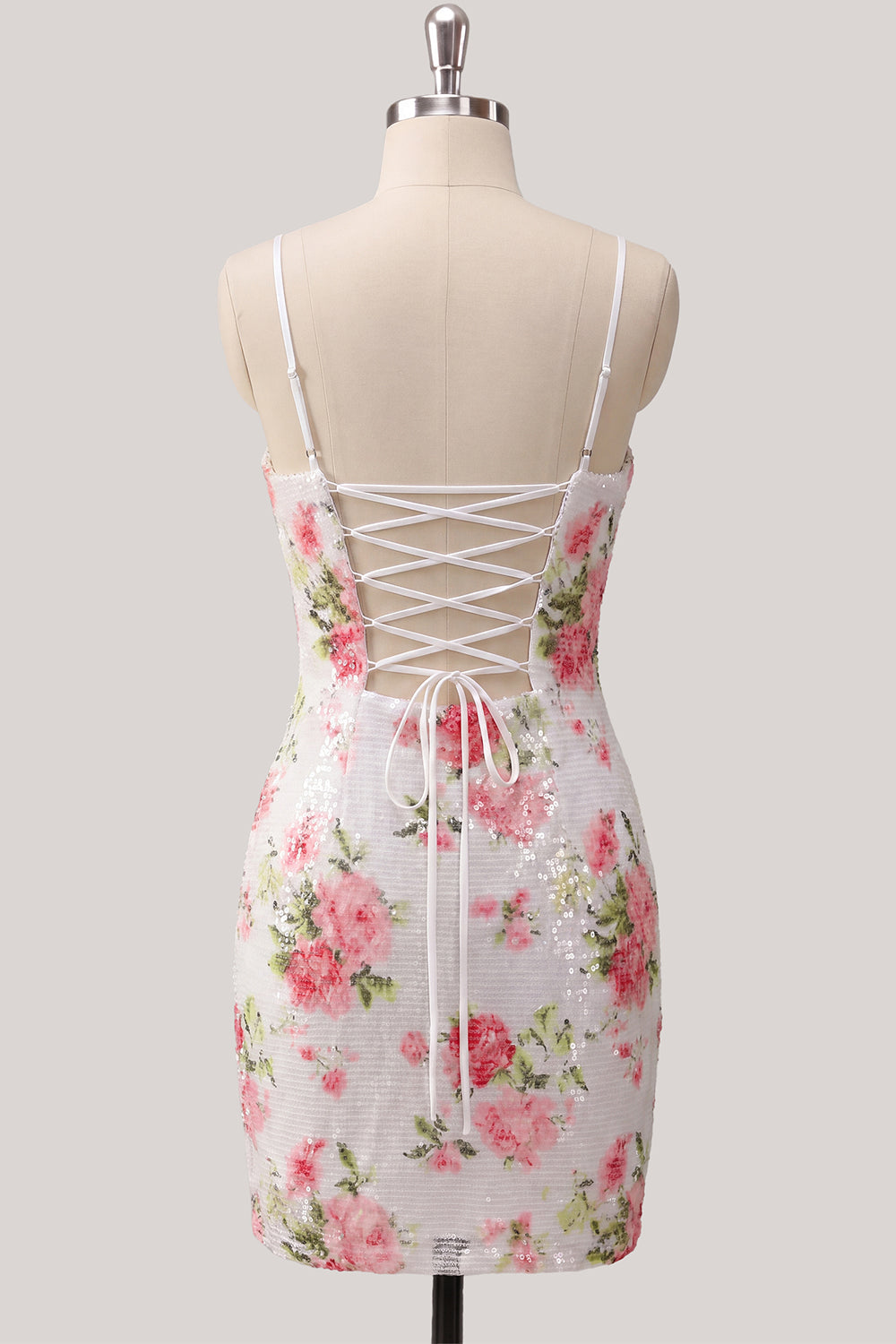 Sparkly White Bodycon Spaghetti Straps Floral Sequins Homecoming Dress with Lace Up Back