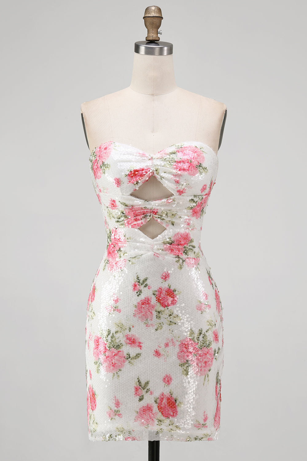 Sparkly Sweetheart White Key Hole Bodycon Floral Sequins Cocktail Dress with Lace Up Back