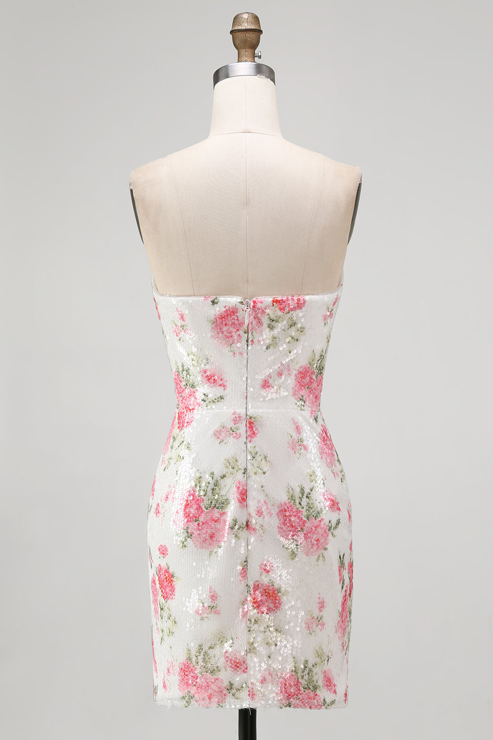 Sparkly Sweetheart White Key Hole Bodycon Floral Sequins Cocktail Dress with Lace Up Back