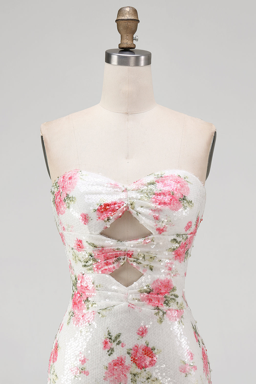 Sparkly Sweetheart White Key Hole Bodycon Floral Sequins Cocktail Dress with Lace Up Back