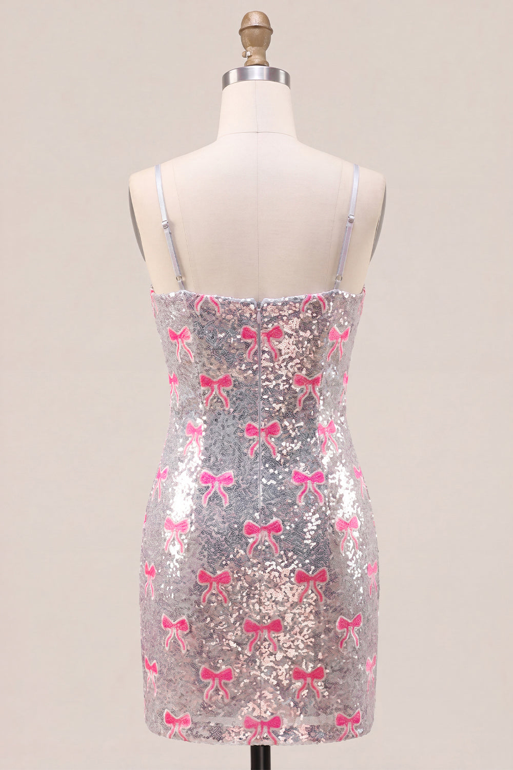 Sparkly Pink Spaghetti Straps Sequins Bodycon Homecoming Dress with Bow