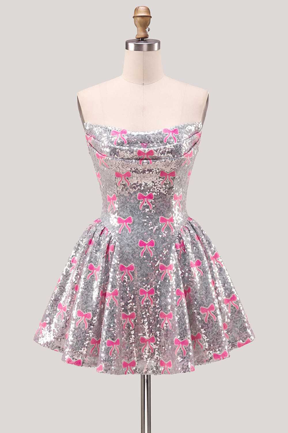 Sparkly Pink A-Line Strapless Sequins Homecoming Dress with Bow