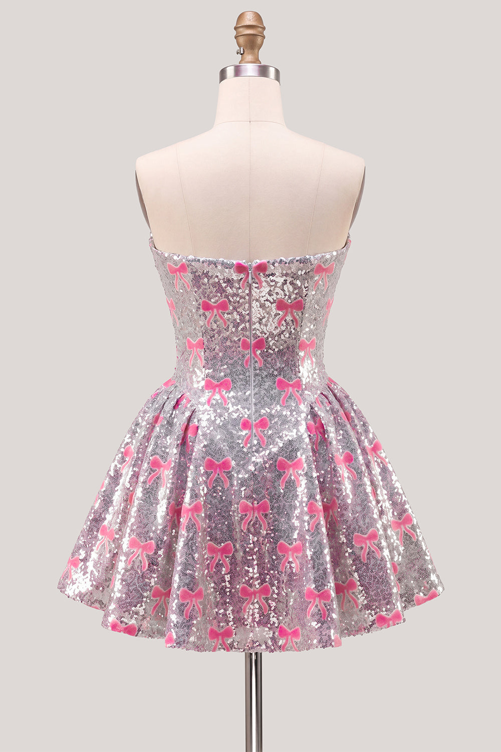 Sparkly Pink A-Line Strapless Sequins Homecoming Dress with Bow