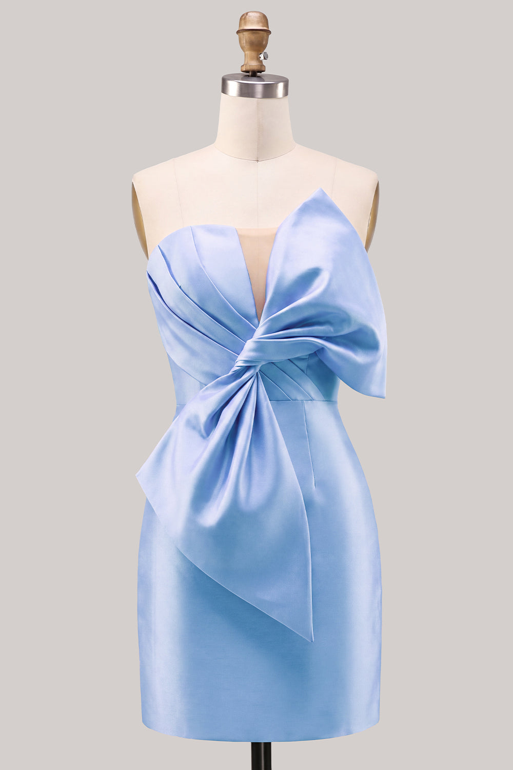 Robe de bal bustier en satin bleu froncé moulante avec nœud