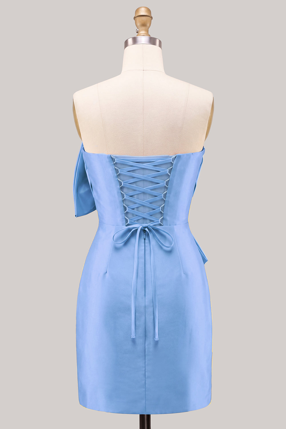 Robe de bal bustier en satin bleu froncé moulante avec nœud