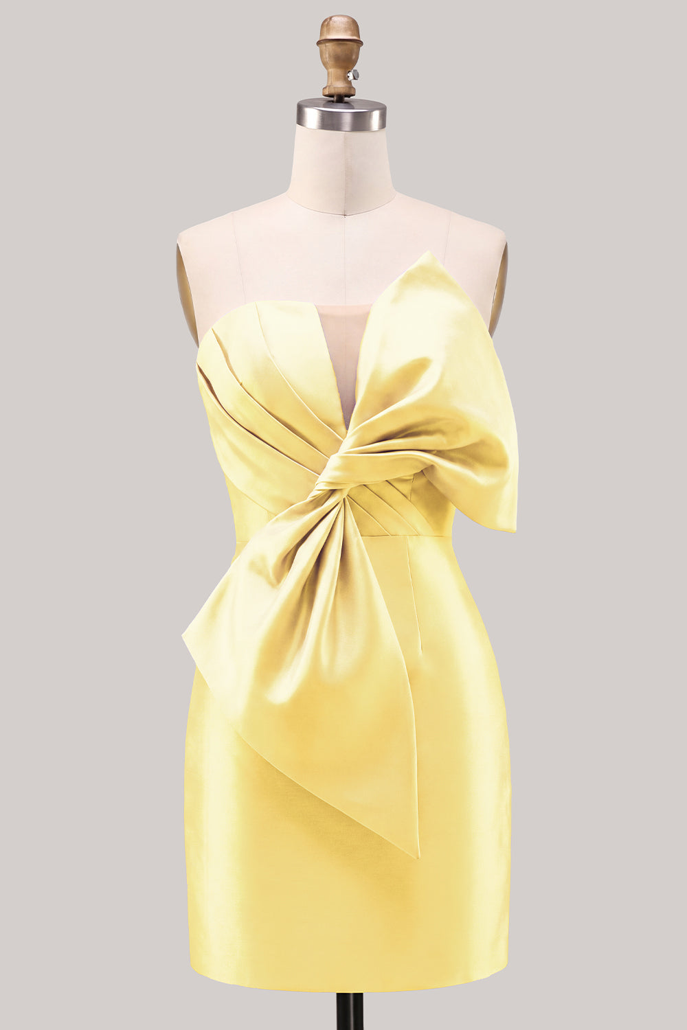 Robe de bal bustier en satin bleu froncé moulante avec nœud