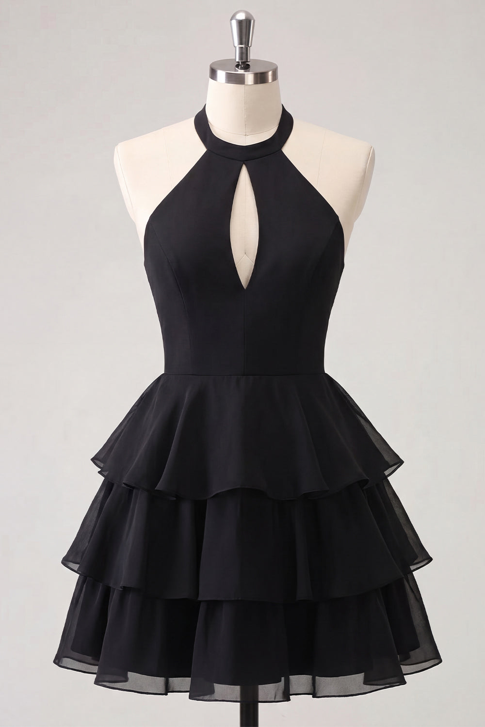 Blue Flower A-Line Halter Neck Tiered Chiffon Cut Out Homecoming Dress