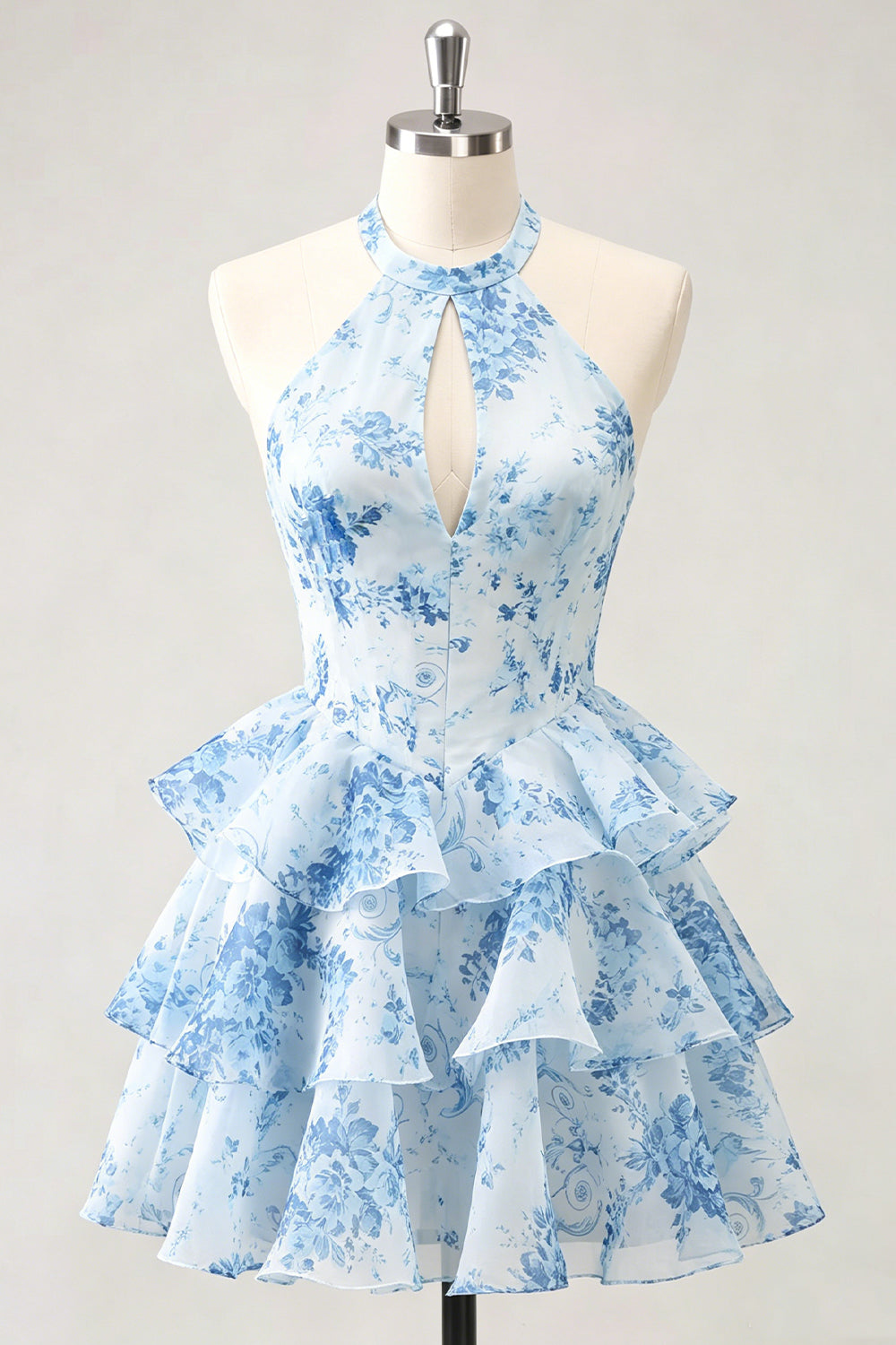 Blue Flower A-Line Halter Neck Tiered Chiffon Cut Out Homecoming Dress