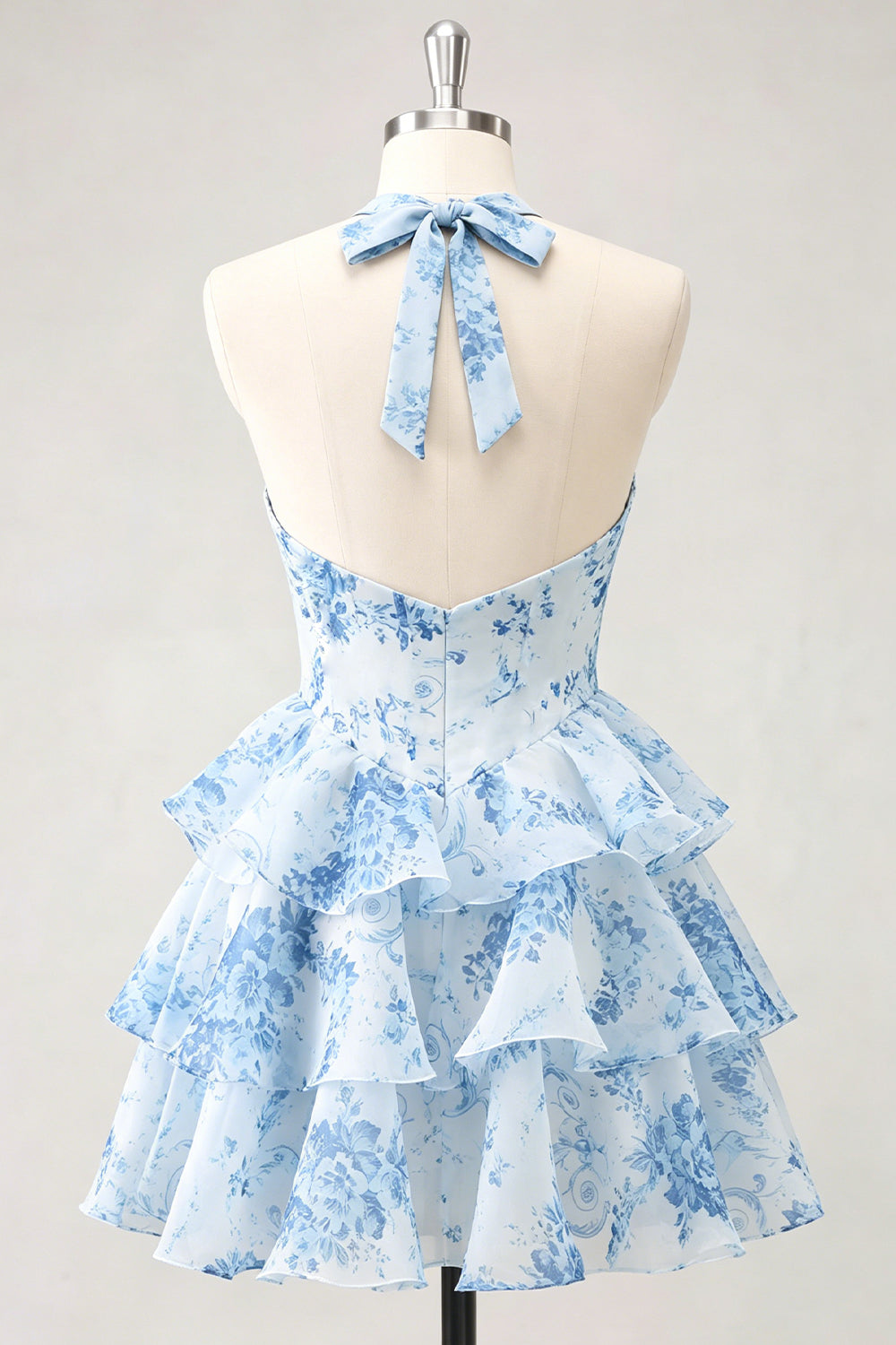 Blue Flower A-Line Halter Neck Tiered Chiffon Cut Out Homecoming Dress