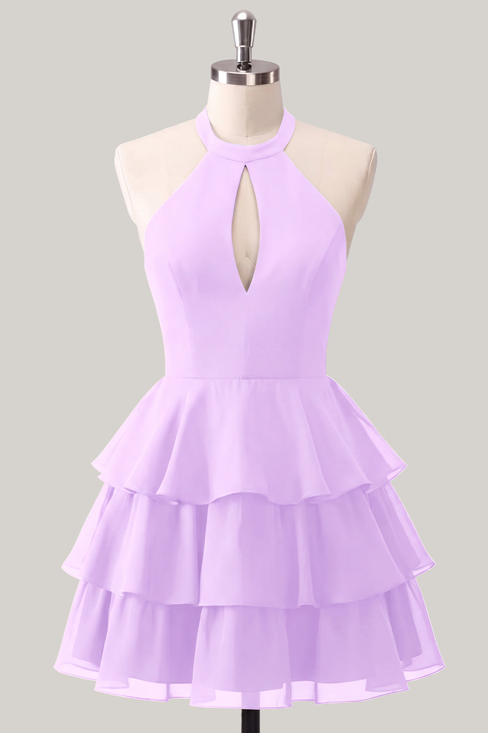 Blue Flower A-Line Halter Neck Tiered Chiffon Cut Out Homecoming Dress