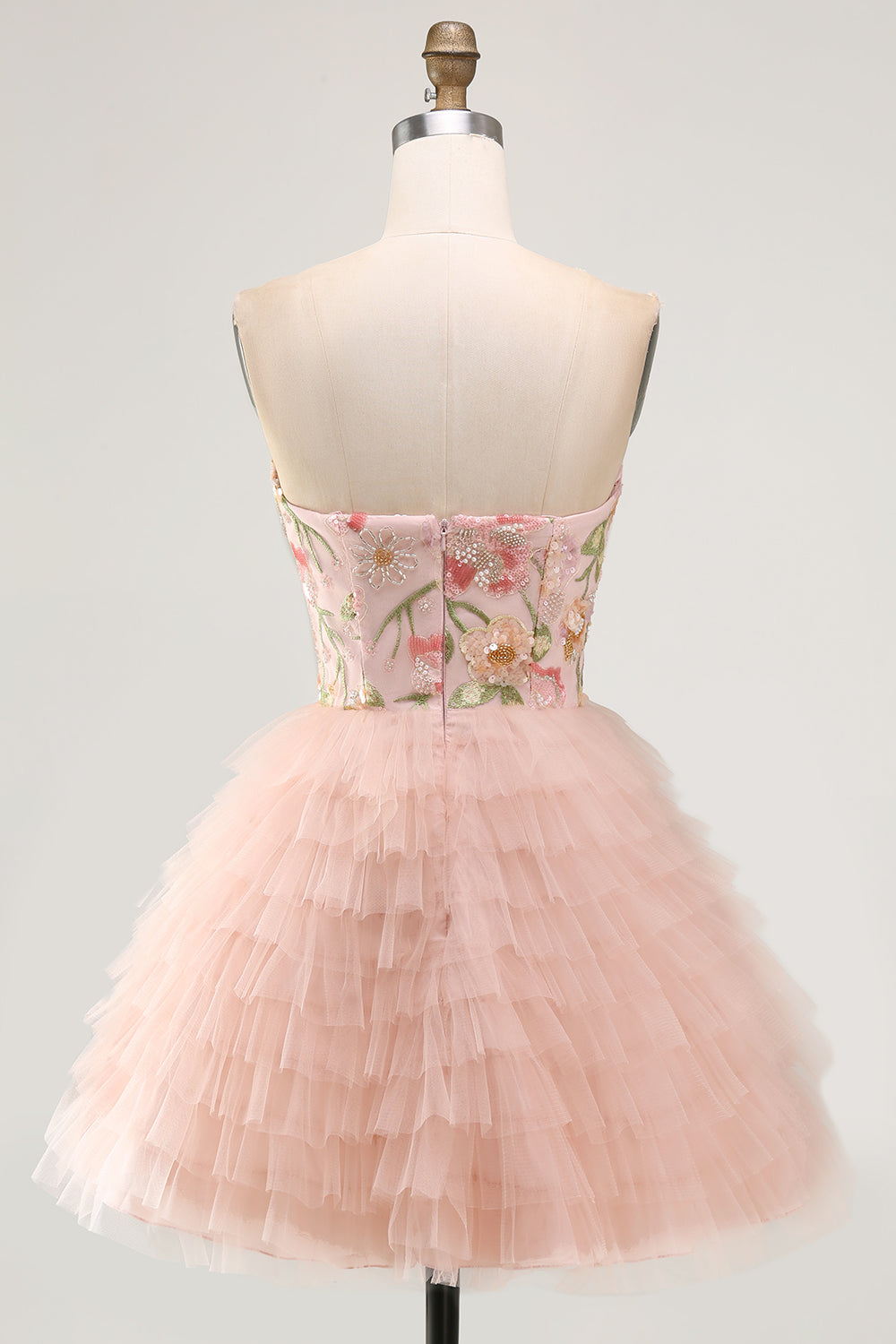 Sweetheart Pink A-Line Tiered Floral Sequins Birthday Dress