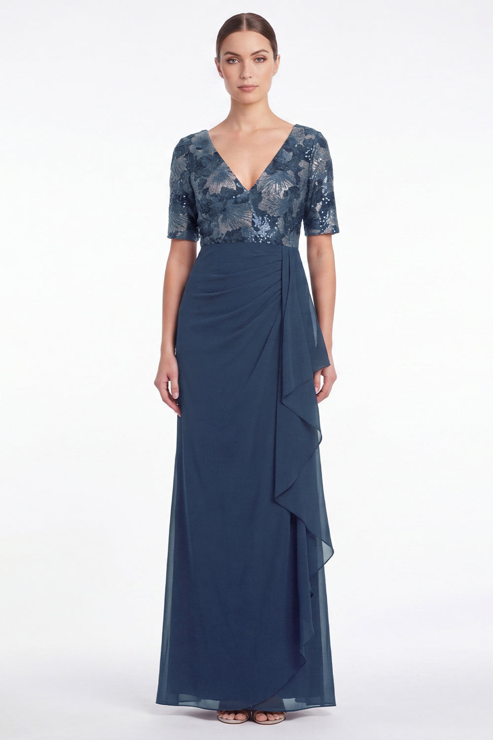 Navy Mermaid Floral V-Neck Ruched Chiffon Long Mother Of the Bride Dress with Ruffles