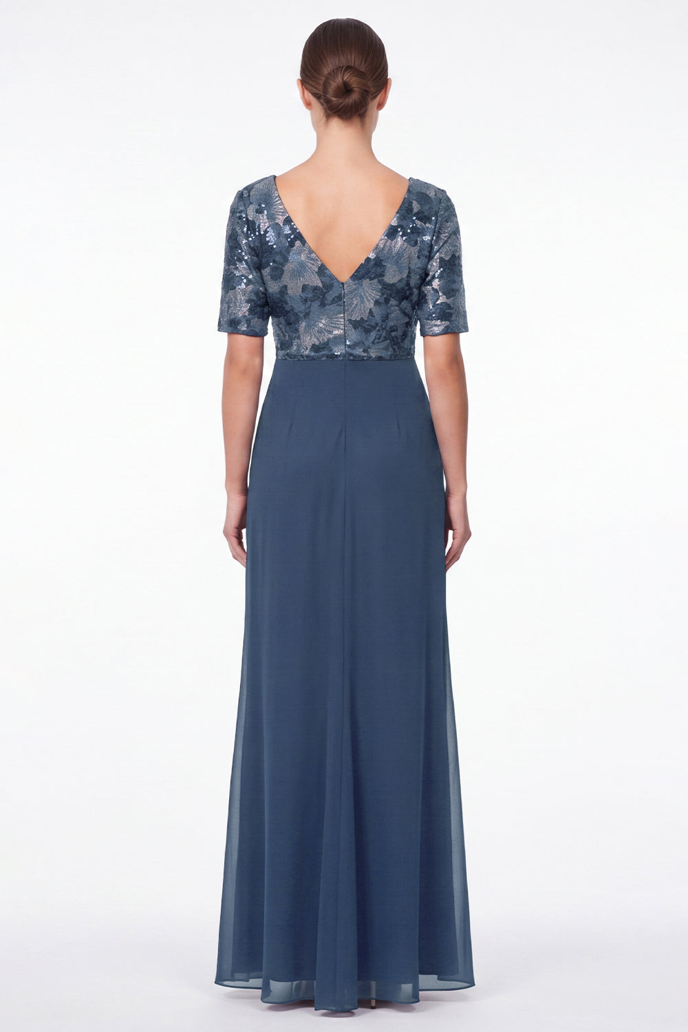 Navy Mermaid Floral V-Neck Ruched Chiffon Long Mother Of the Bride Dress with Ruffles