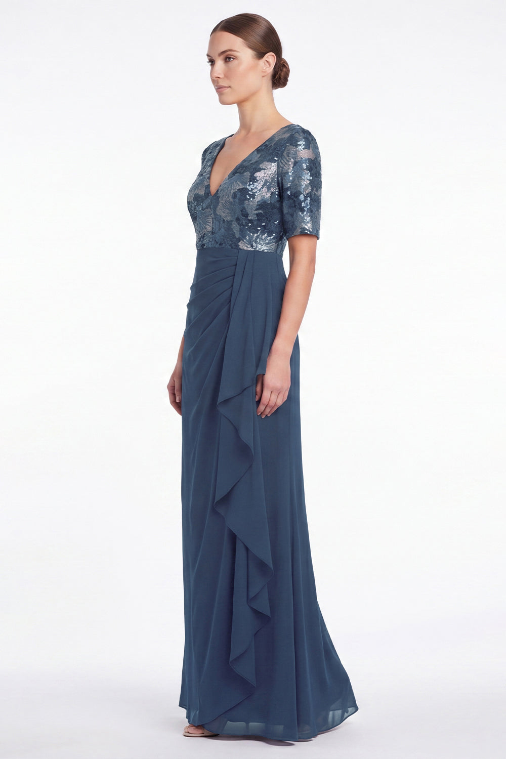 Navy Mermaid Floral V-Neck Ruched Chiffon Long Mother Of the Bride Dress with Ruffles