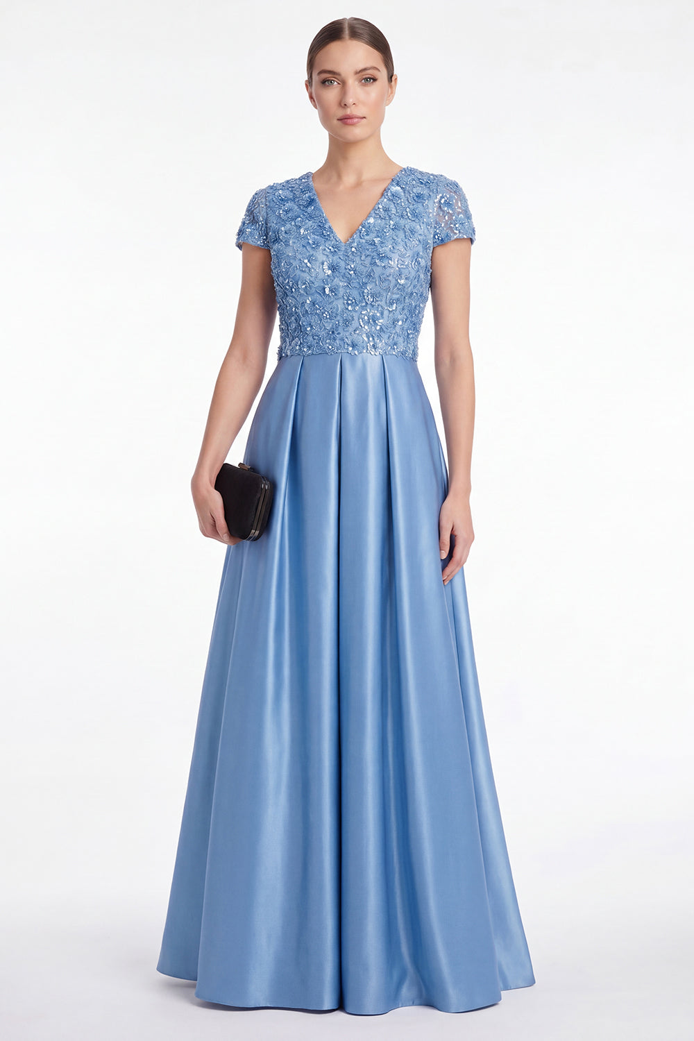 Robe longue de mère de la mariée trapèze bleue en satin à sequins avec col en V et manches courtes