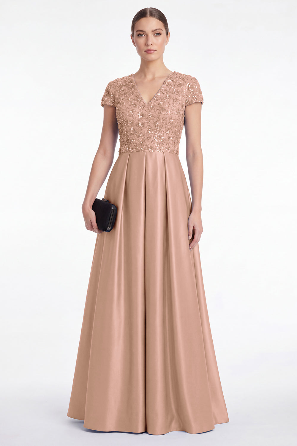 Robe longue de mère de la mariée trapèze bleue en satin à sequins avec col en V et manches courtes