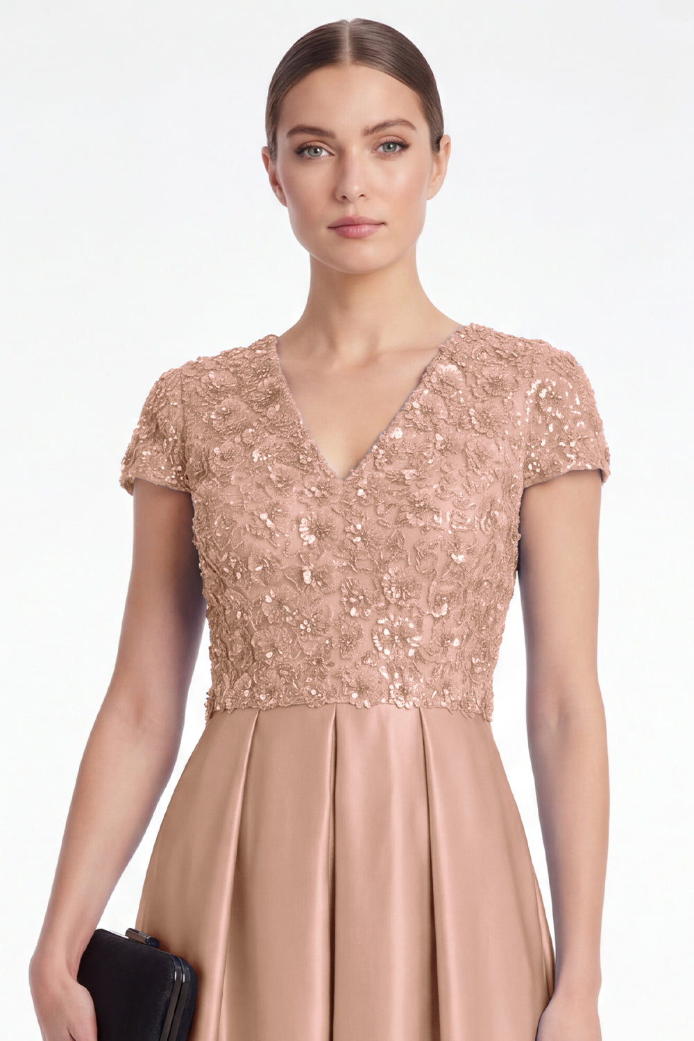 Robe longue de mère de la mariée trapèze bleue en satin à sequins avec col en V et manches courtes