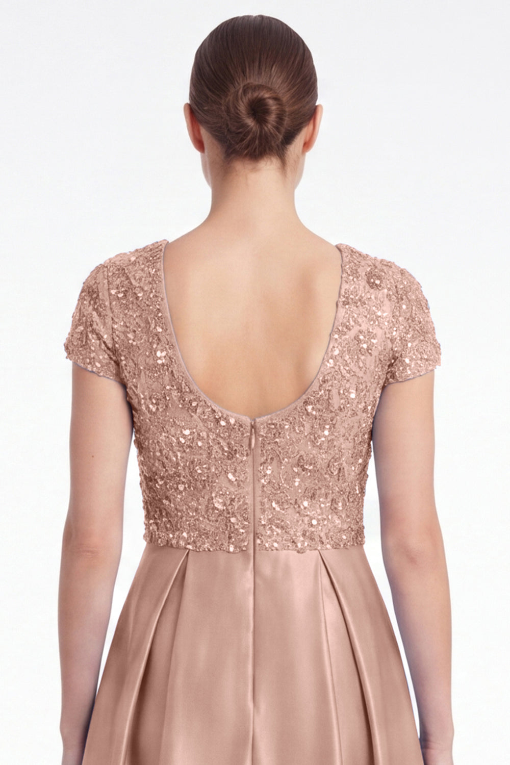 Robe longue de mère de la mariée trapèze bleue en satin à sequins avec col en V et manches courtes