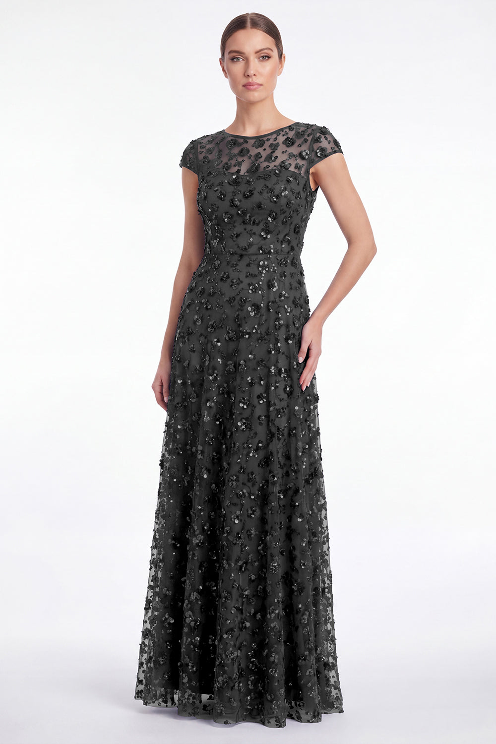 A-Line Navy Round Neck Sequins Long Mother Of the Bride Dress with Cap Sleeves