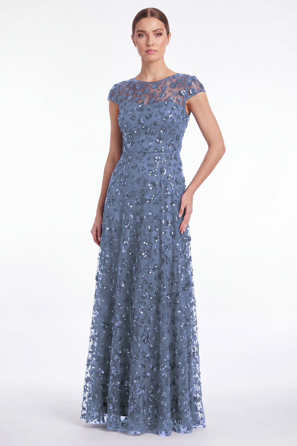 A-Line Navy Round Neck Sequins Long Mother Of the Bride Dress with Cap Sleeves