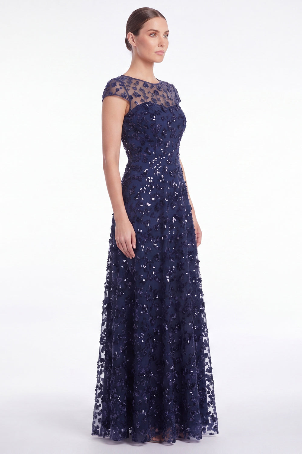 A-Line Navy Round Neck Sequins Long Mother Of the Bride Dress with Cap Sleeves