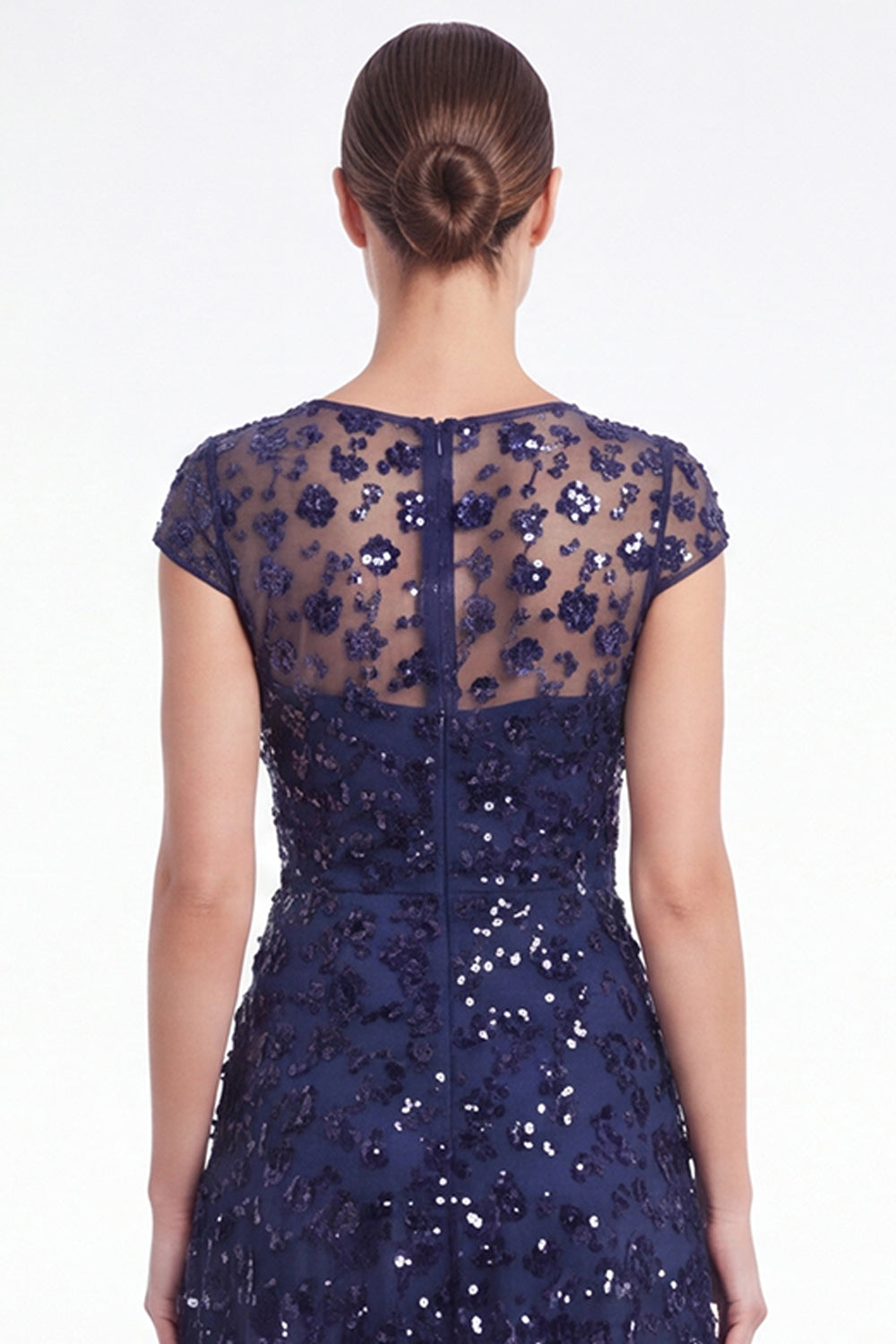 A-Line Navy Round Neck Sequins Long Mother Of the Bride Dress with Cap Sleeves