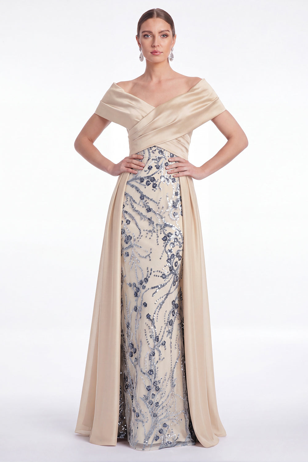 Champagne A-Line Floral Sequin Long Mother Of the Bride Dress with Sash
