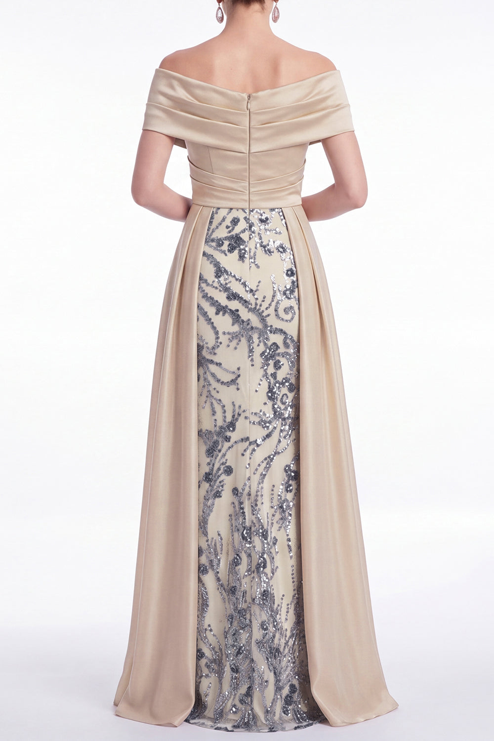 Champagne A-Line Floral Sequin Long Mother Of the Bride Dress with Sash