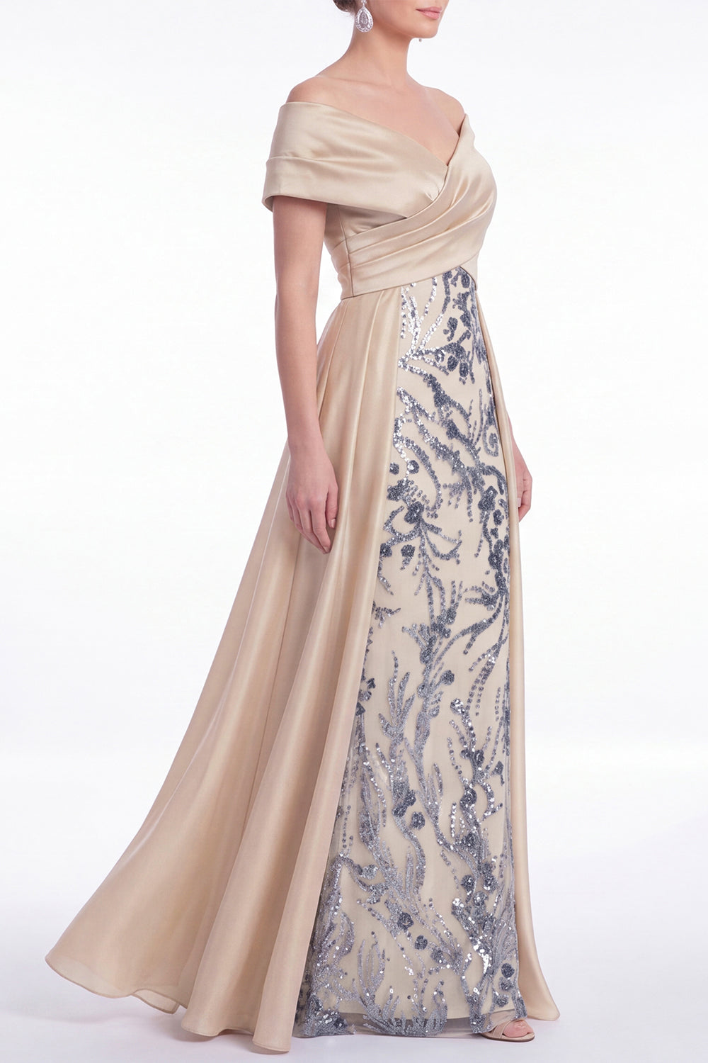 Champagne A-Line Floral Sequin Long Mother Of the Bride Dress with Sash
