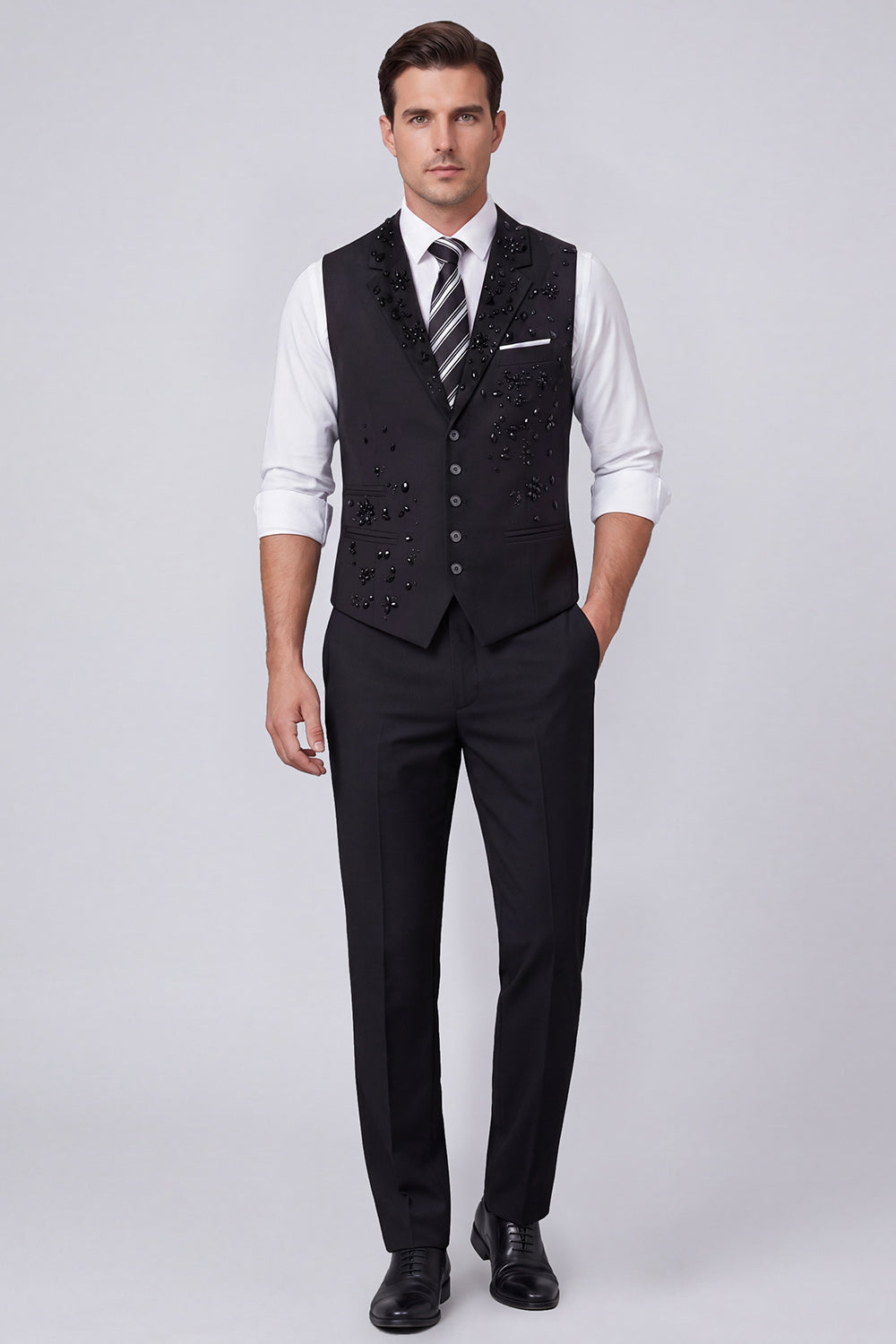 Black Single Breasted Peak Lapel Men's Suit Vest with Beading