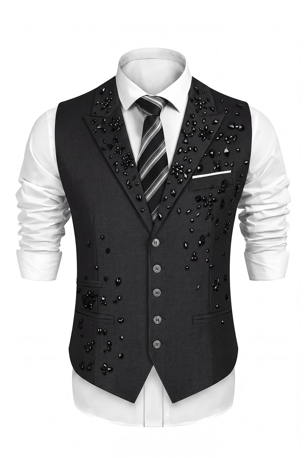 Black Single Breasted Peak Lapel Men's Suit Vest with Beading