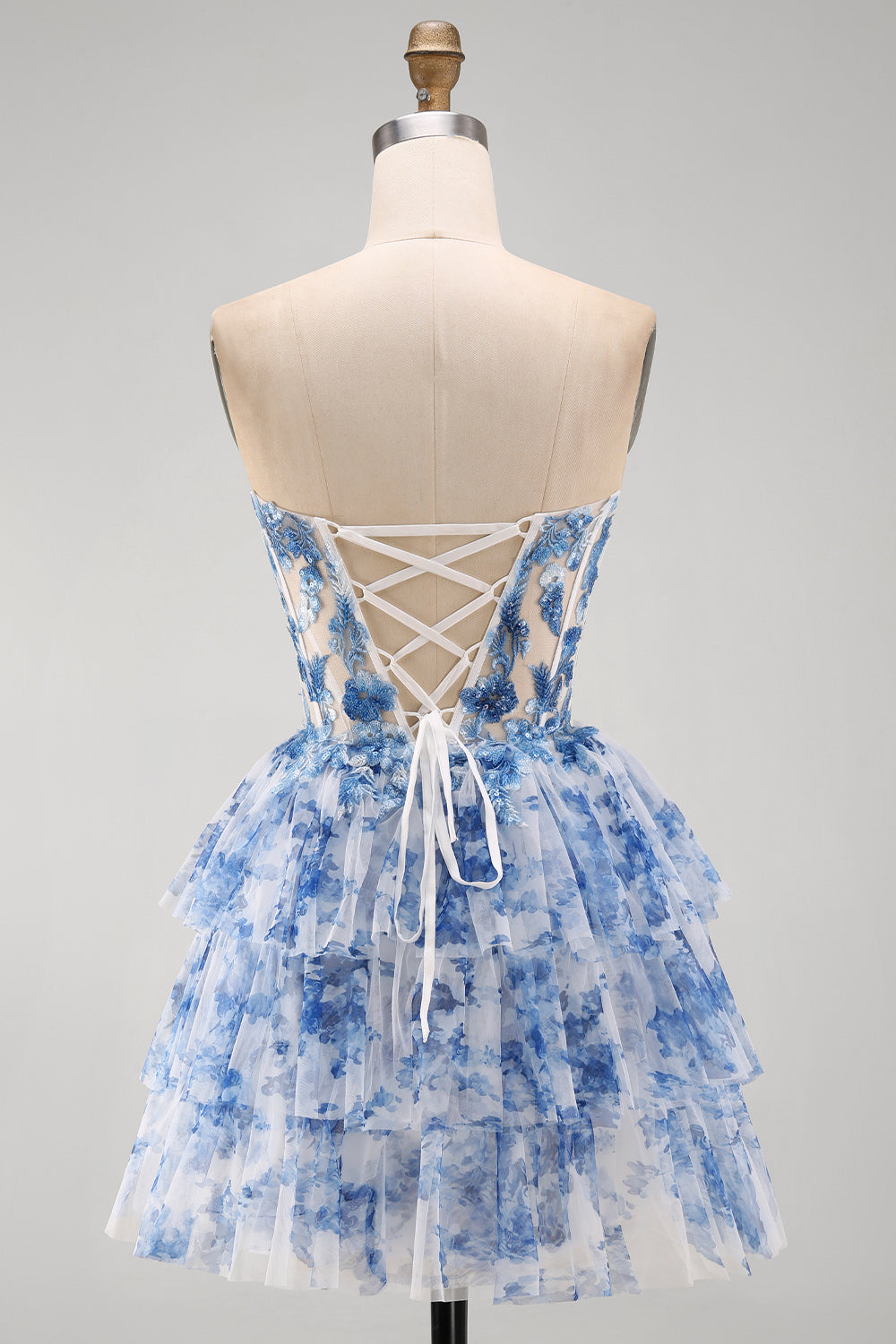 White Blue Flower Strapless Sheer Corset Tiered A-Line Short Homecoming Dress with Lace Up Back