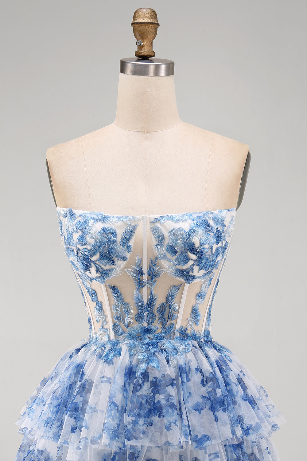 White Blue Flower Strapless Sheer Corset Tiered A-Line Short Homecoming Dress with Lace Up Back