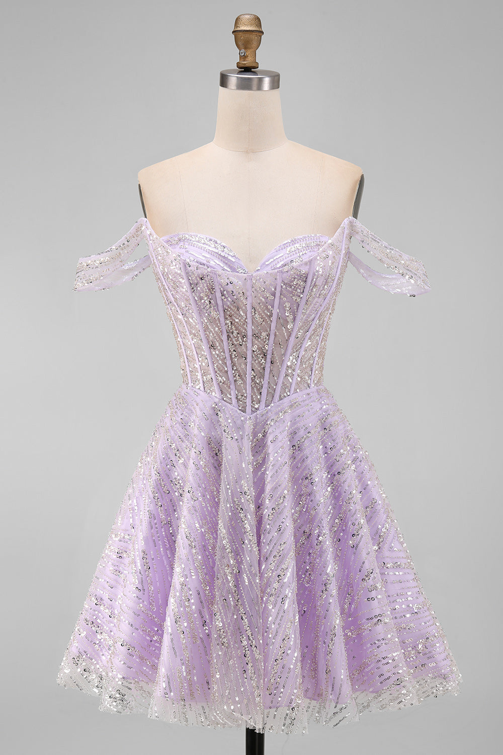 Robe Courte de Demoiselle d'Honneur Trapèze Lilas à Corset Épaules Dénudées et Paillettes avec Dos Lacé