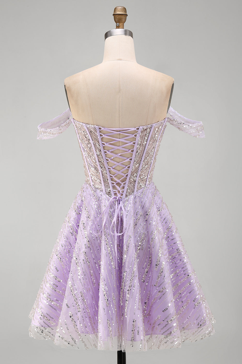 Robe Courte de Demoiselle d'Honneur Trapèze Lilas à Corset Épaules Dénudées et Paillettes avec Dos Lacé