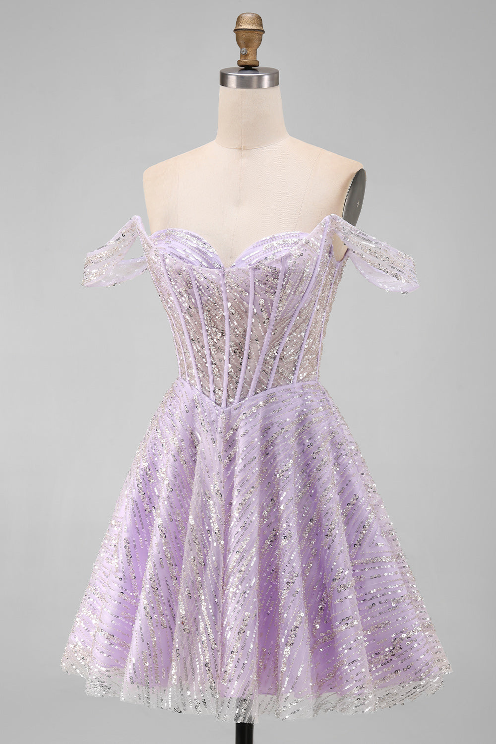 Robe Courte de Demoiselle d'Honneur Trapèze Lilas à Corset Épaules Dénudées et Paillettes avec Dos Lacé
