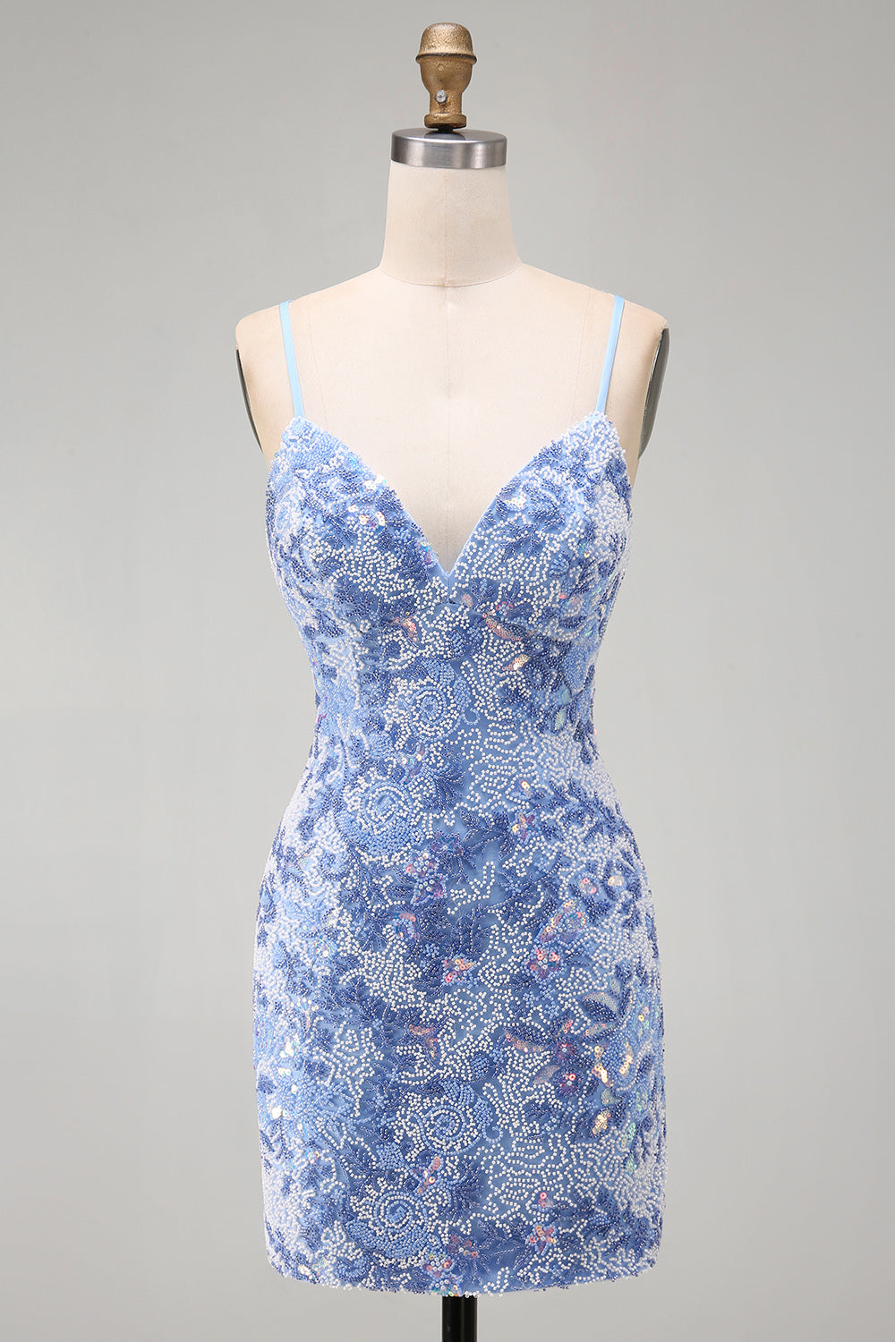 Blue Bodycon Spaghetti Straps Lace Up Back Short Homecoming Dress with Beading