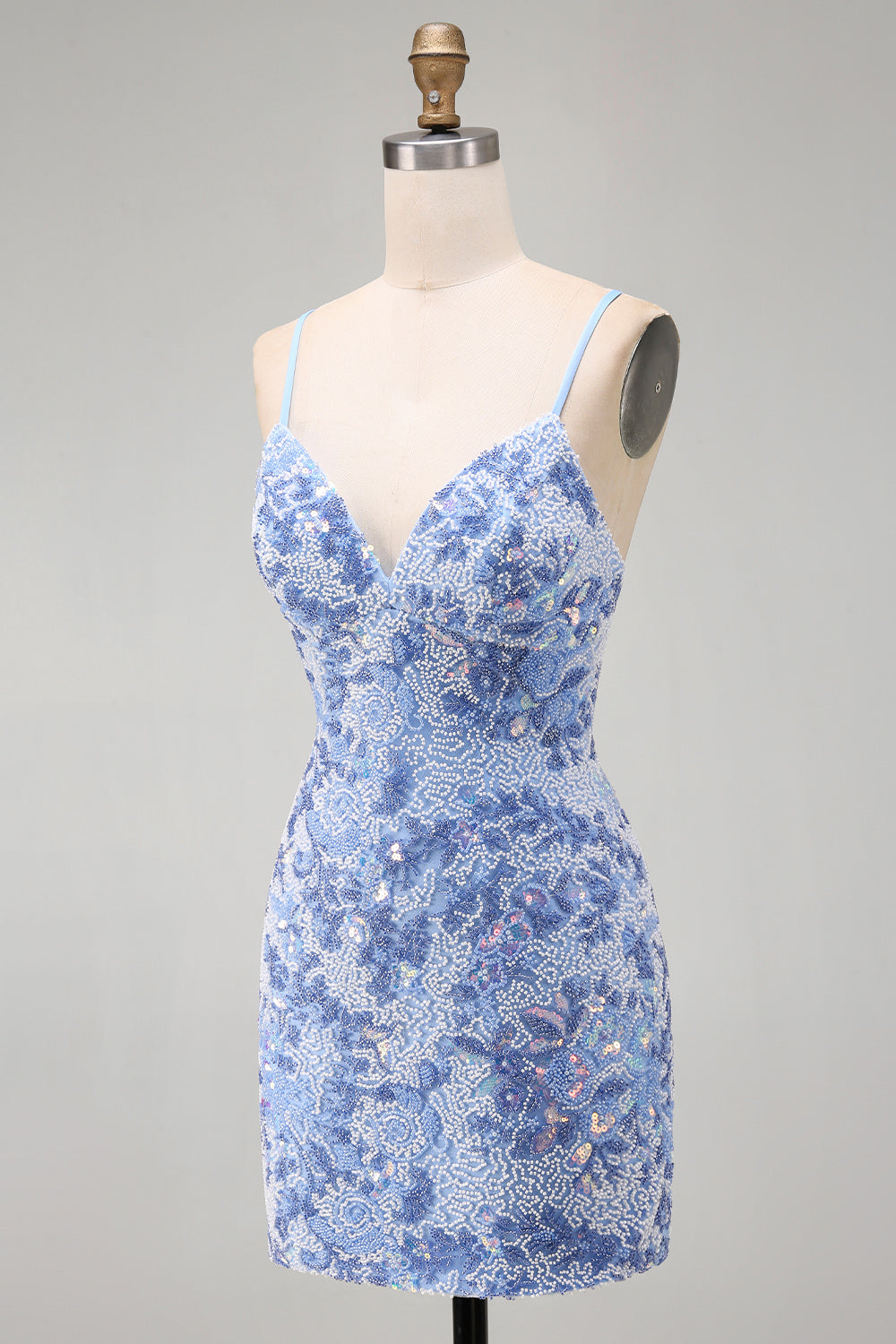 Blue Bodycon Spaghetti Straps Lace Up Back Short Homecoming Dress with Beading
