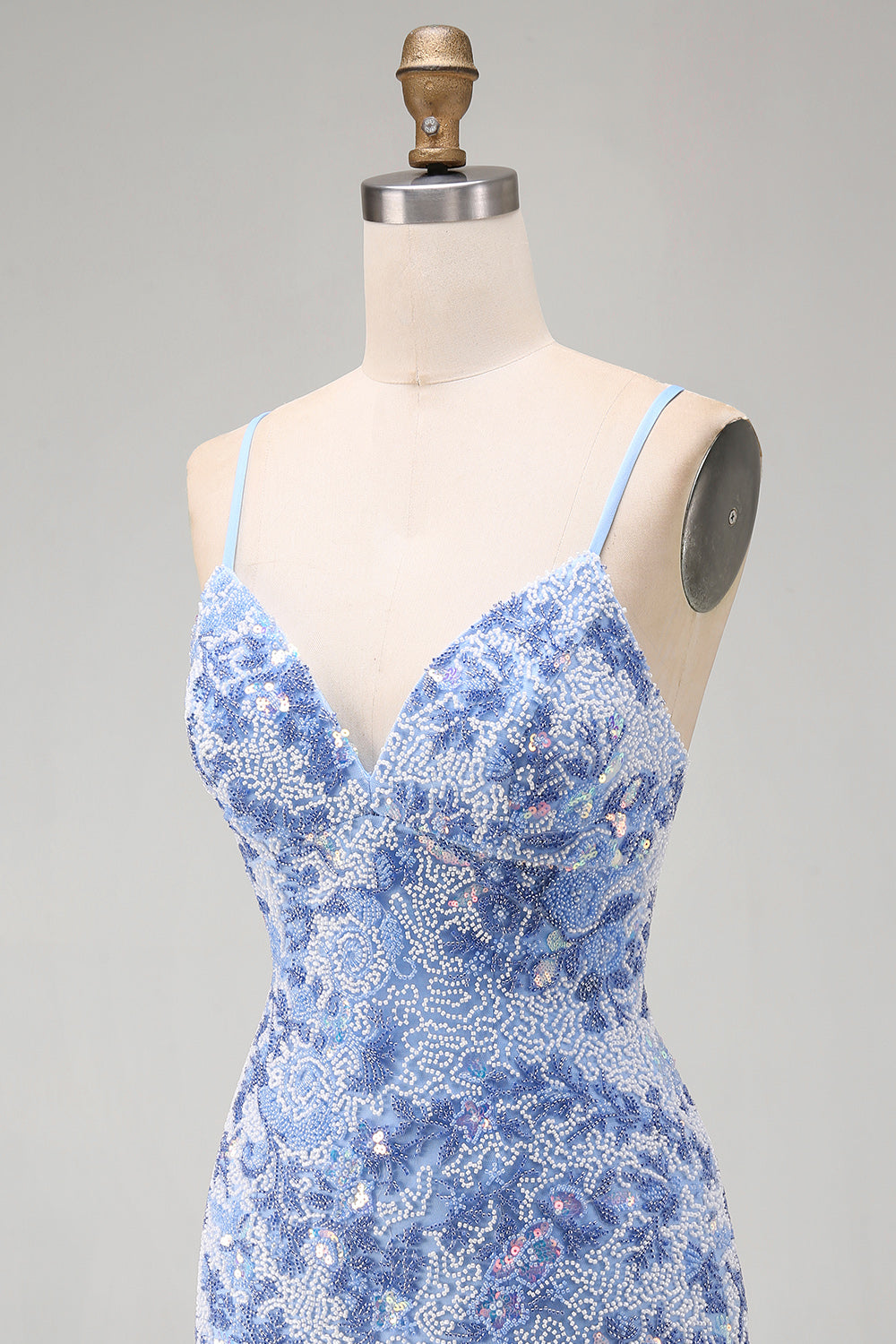 Blue Bodycon Spaghetti Straps Lace Up Back Short Homecoming Dress with Beading